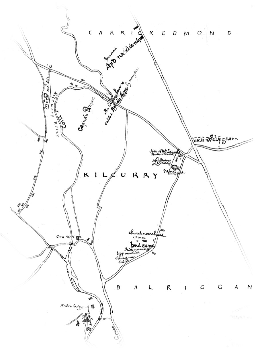 1902 local map of Kilcurry drawn by Eugene O’Gorman showing forgotten Beulteine placename now Tinley’s Church.